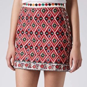 Topshop petite embroidered woven red a-line skirt